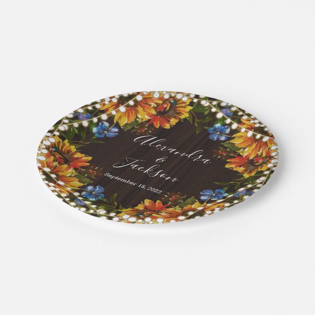 Rustic Wood Sunflower String Lights Wedding Plate (Angled)