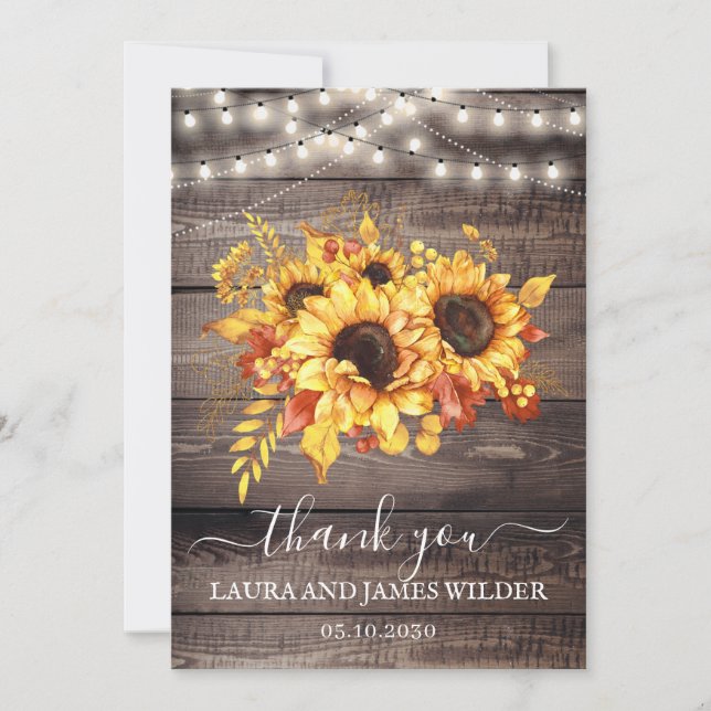 Rustic Wood Sunflower String Lights Wedding Thank  Thank You Card (Front)