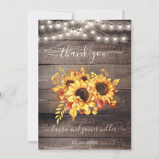 Rustic Wood Sunflower String Lights Wedding Thank You Card (Front)