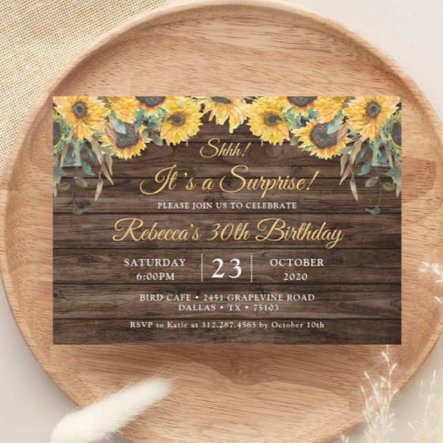 Rustic Wood Sunflower Surprise Birthday Party Invitation (Creator Uploaded)