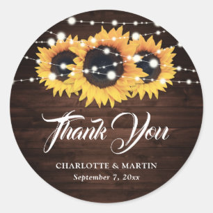 Rustic Wood Sunflower Thank You Wedding Favour Classic Round Sticker
