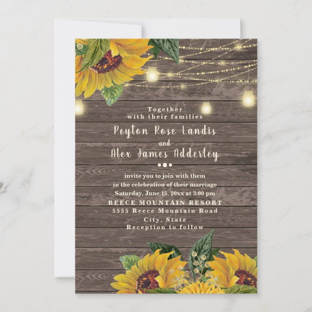 Rustic Wood Sunflower Twinkle Light Wedding Invitation (Front)