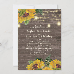 Rustic Wood Sunflower Twinkle Light Wedding Invitation