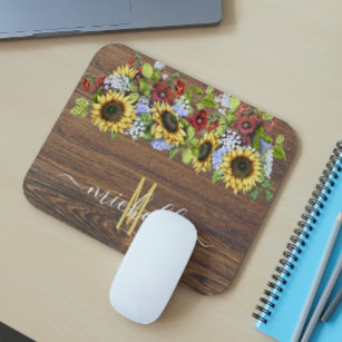 Rustic Wood Sunflower Watercolor Personalised Mouse Pad