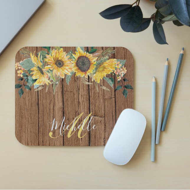 Rustic Wood Sunflower Watercolor Personalised Mouse Pad (Creator Uploaded)