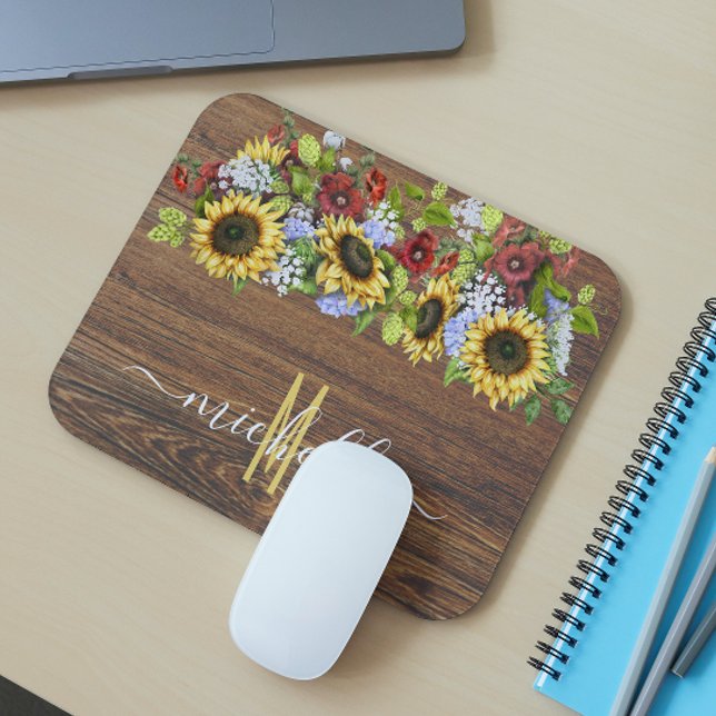 Rustic Wood Sunflower Watercolor Personalised Mouse Pad (Creator Uploaded)