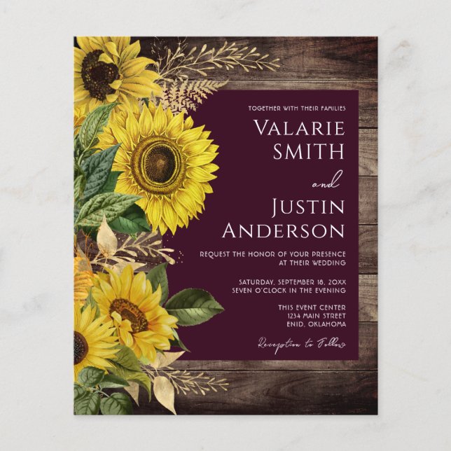 Rustic Wood Sunflower Wedding Invitations  Flyer (Front)