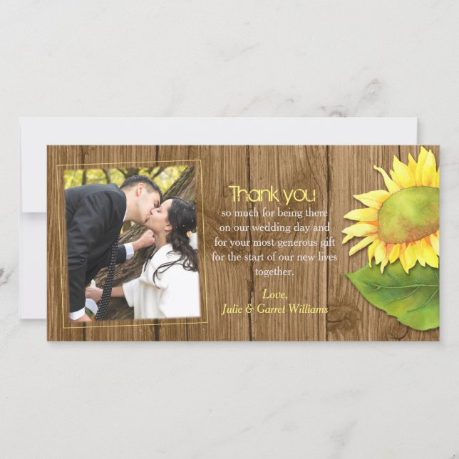 Rustic Wood Sunflower Wedding Photo Thank You Card (Front)