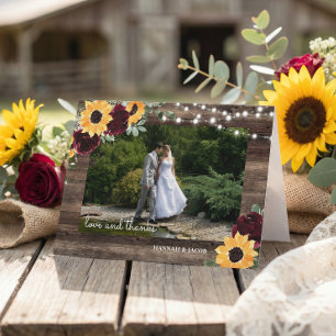 Rustic Wood Sunflower Wedding Photo Thank You Card