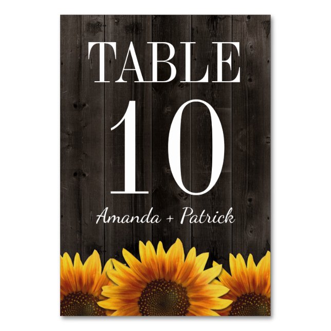 Rustic Wood Sunflower Wedding Table Number Cards (Front)