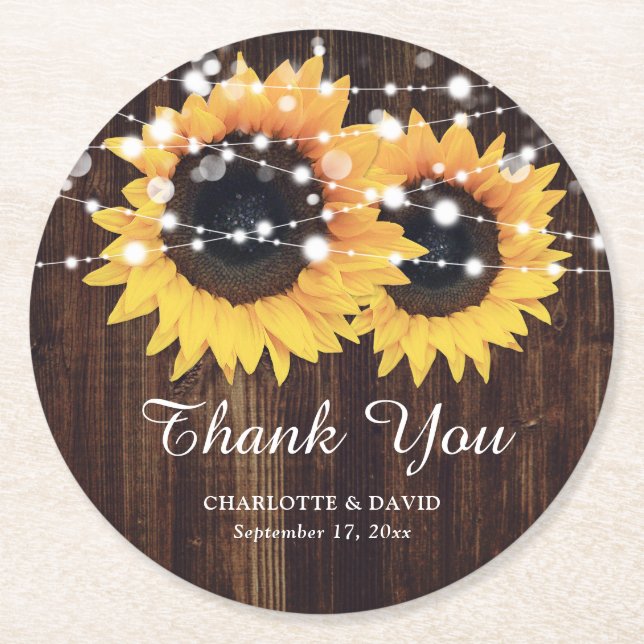 Rustic Wood Sunflower Wedding Thank You Round Paper Coaster (Front)