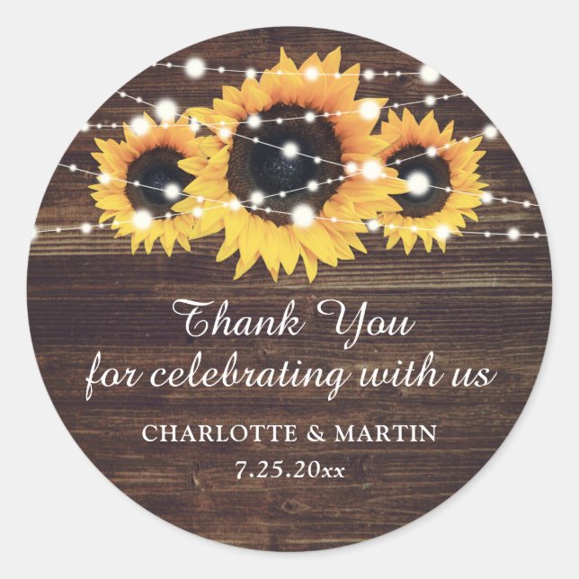 Rustic Wood Sunflower Wedding Thank You Stickers (Front)