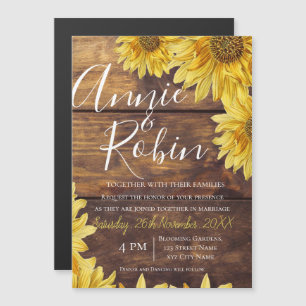 Rustic Wood Sunflower Wedding Thin Magnetic Card