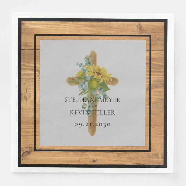 Rustic Wood Sunflower Wooden Cross Wedding Napkin (Front)