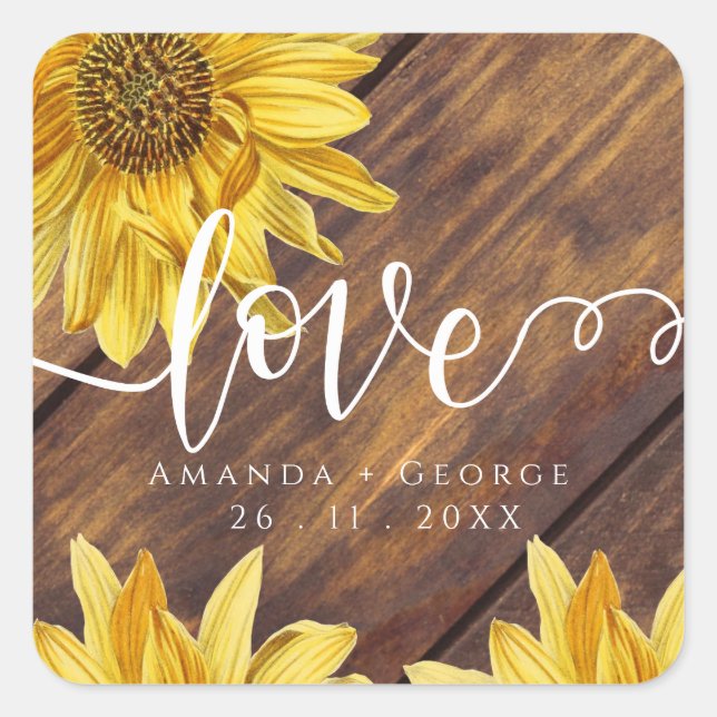 Rustic Wood Sunflower Yellow Love Fall Wedding Square Sticker (Front)