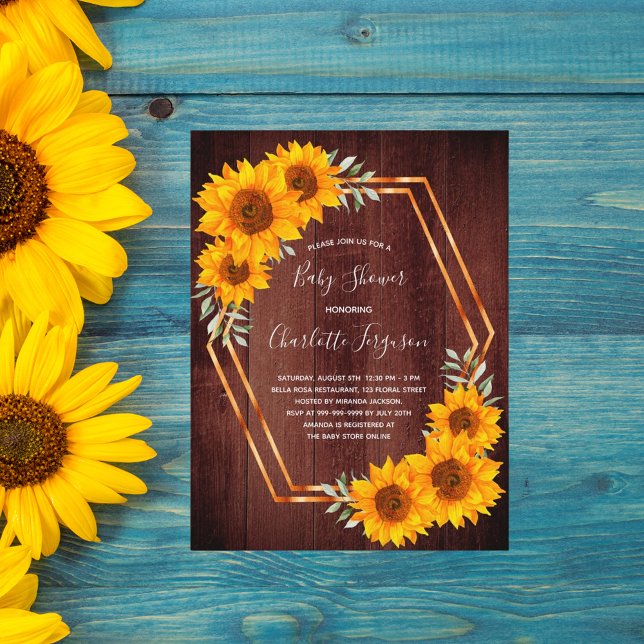 Rustic wood sunflowers Baby Shower invitation Postcard (Creator Uploaded)