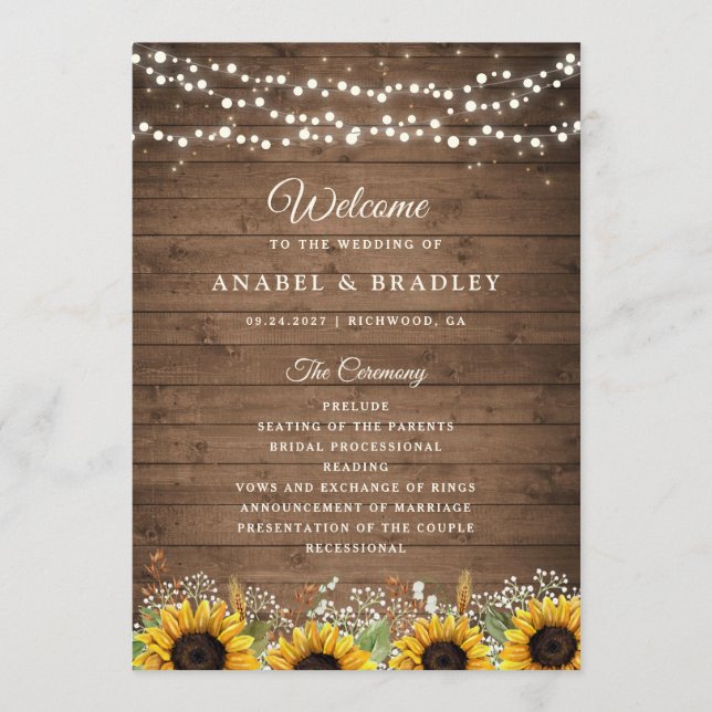 Rustic Wood Sunflowers Baby's Breath Wedding Program (Front)