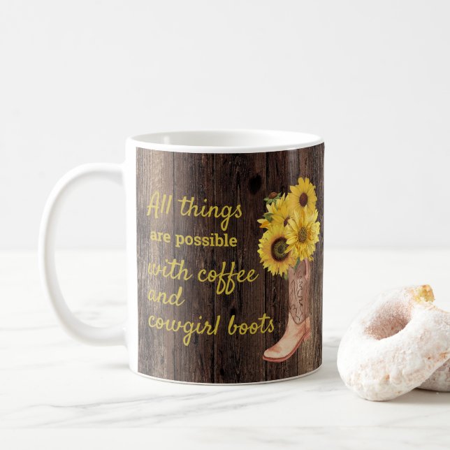 Rustic Wood Sunflowers Coffee Cowgirl Boots Mug (With Donut)