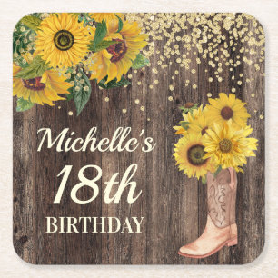 Rustic Wood Sunflowers Cowboy Boots 18th Birthday Square Paper Coaster