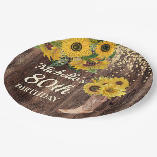 Rustic Wood Sunflowers Cowboy Boots 80th Birthday Paper Plate