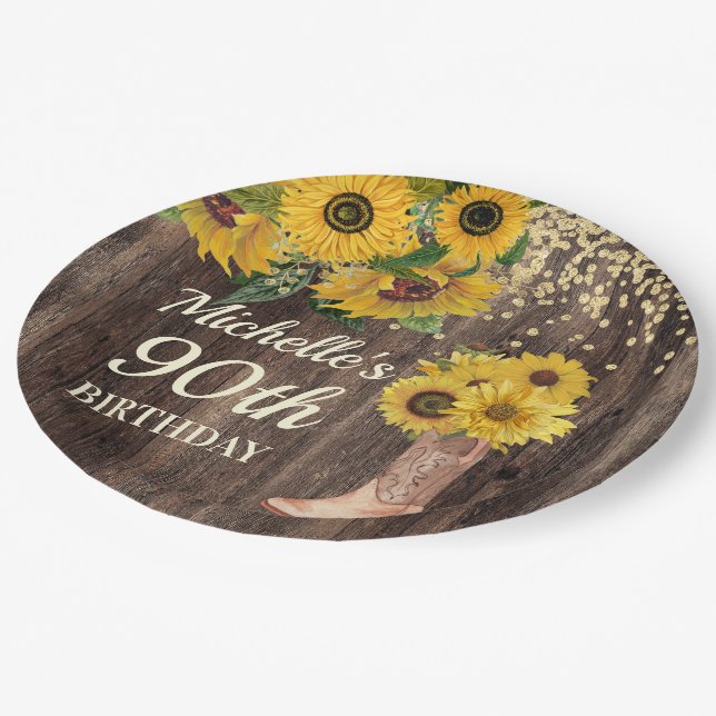 Rustic Wood Sunflowers Cowboy Boots 90th Birthday Paper Plate (Angled)