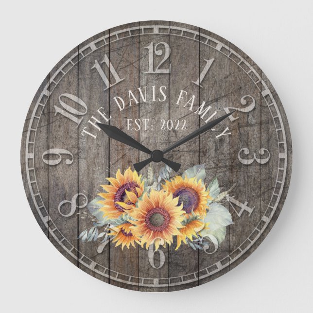 Rustic Wood Sunflowers Custom Family Name Clock (Front)