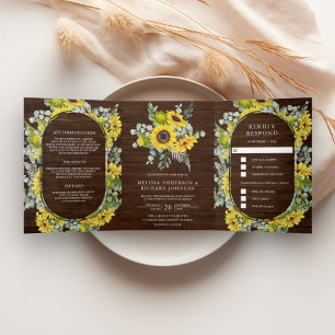 Rustic Wood Sunflowers Eucalyptus 3 in 1 Wedding Tri-Fold Invitation