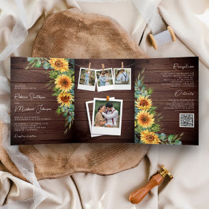 Rustic Wood Sunflowers Eucalyptus QR Code Wedding Tri-Fold Invitation