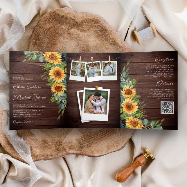 Rustic Wood Sunflowers Eucalyptus QR Code Wedding Tri-Fold Invitation (Creator Uploaded)