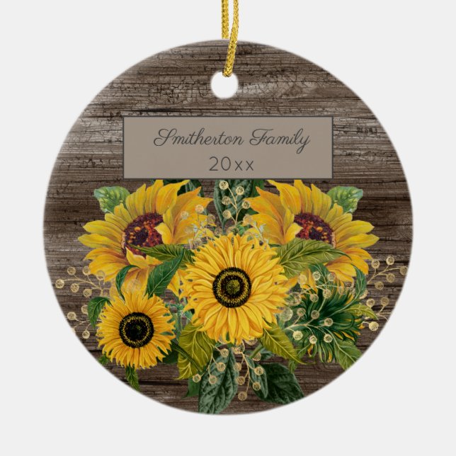 Rustic Wood Sunflowers Family Name Year Ceramic Ornament (Front)