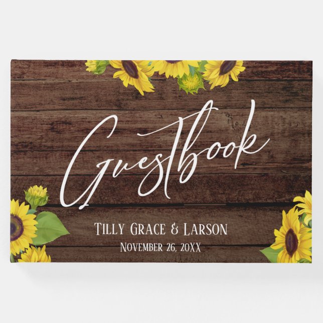 Rustic Wood Sunflowers Handwriting Guestbook (Front)