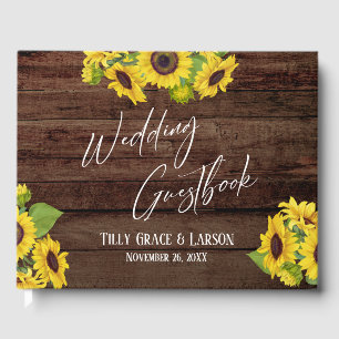 Rustic Wood Sunflowers Handwriting Guestbook