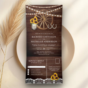 Rustic Wood Sunflowers Horseshoe Western Wedding Tri-Fold Invitation