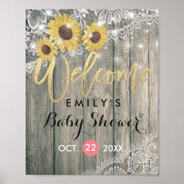 Rustic Wood Sunflowers Lace Baby Shower Welcome Poster (Front)