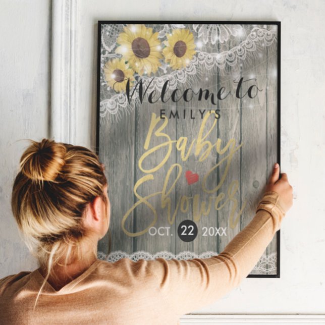 Rustic Wood Sunflowers Lace Baby Shower Welcome Poster (Creator Uploaded)