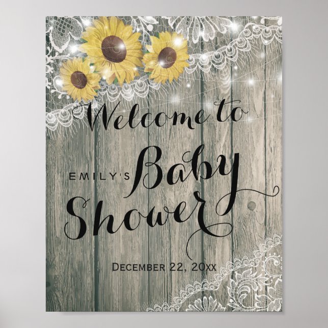 Rustic Wood Sunflowers Lace  Baby Shower Welcome Poster (Front)
