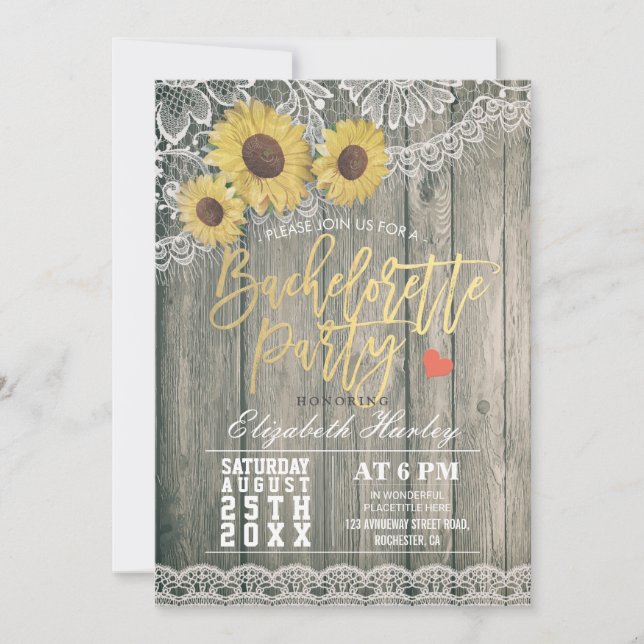Rustic Wood Sunflowers Lace Bachelorette Party Invitation (Front)
