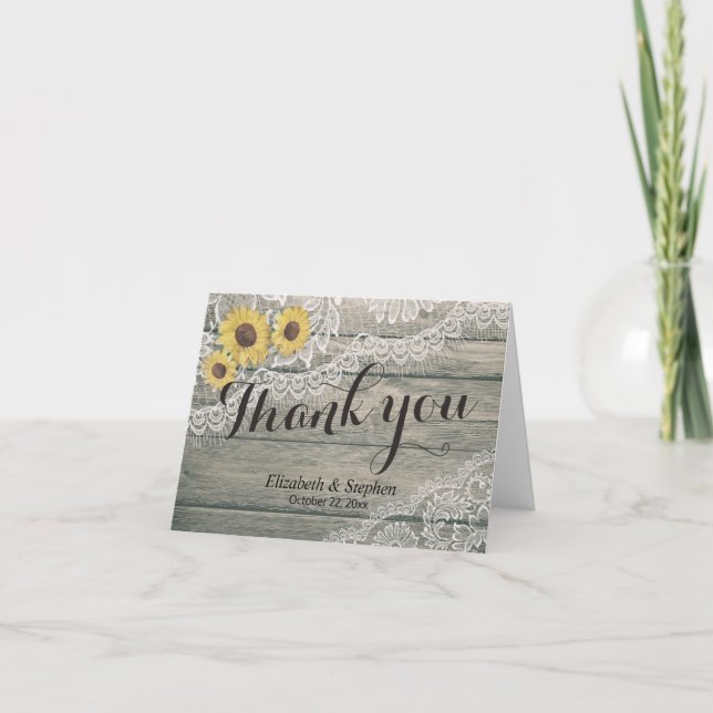 Rustic Wood Sunflowers Lace Barn Wedding Thank You (Front)