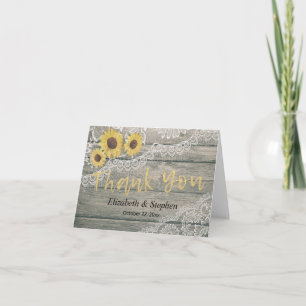 Rustic Wood Sunflowers Lace Barn Wedding Thank You Card