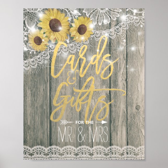 Rustic Wood Sunflowers Lace Card Gift Wedding Sign (Front)