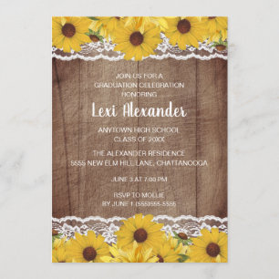 Rustic Wood Sunflowers Lace Graduation Party Invitation