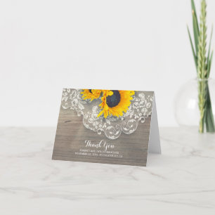Rustic Wood Sunflowers Lace Wedding Thank You Card
