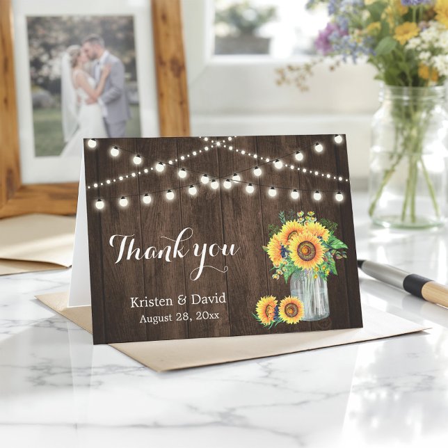 Rustic Wood Sunflowers Mason Jar Lights Thank You Card (Creator Uploaded)