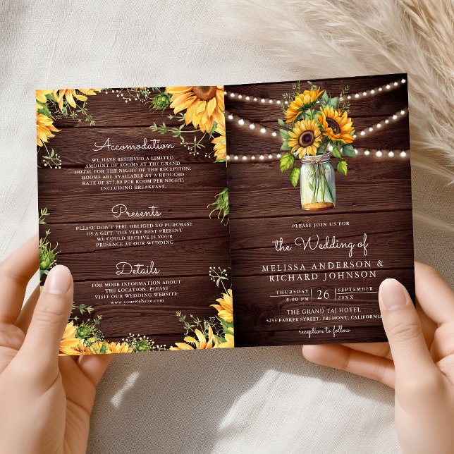 Rustic Wood Sunflowers Mason Jar QR Code Wedding Invitation (Creator Uploaded)