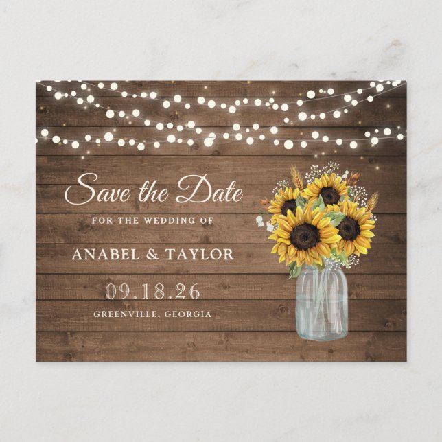 Rustic Wood Sunflowers Mason Jar Save the Date Announcement Postcard (Front)