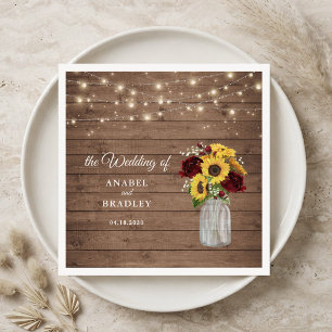 Rustic Wood Sunflowers Mason Jar Wedding Napkin