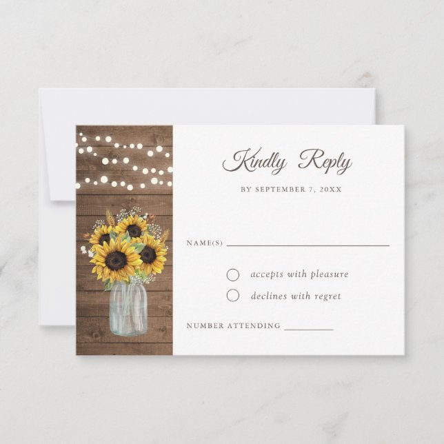 Rustic Wood Sunflowers Mason Jar Wedding RSVP Invitation (Front)