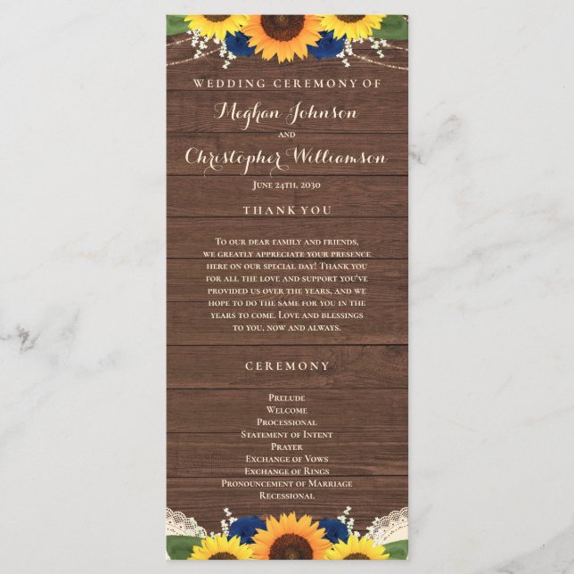 Rustic Wood Sunflowers Navy Blue Roses Wedding Program (Front)