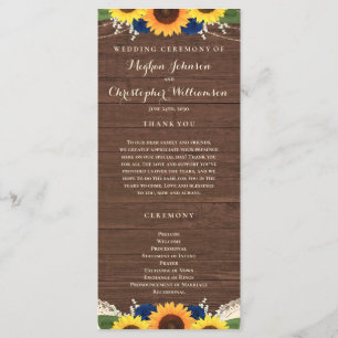 Rustic Wood Sunflowers Navy Blue Roses Wedding Program