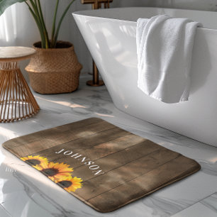 Rustic Wood & Sunflowers Personalised Bath Mat